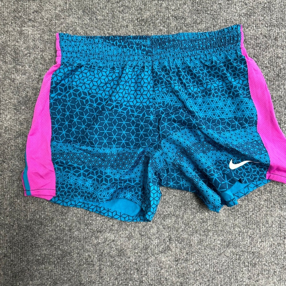 Nike Athletic Shorts Womens Size L Teal Pink Geometric Dri-Fit Running Mesh Trim